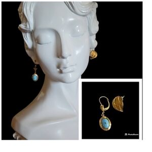 3/$30 Mismatched Filigree Blue Cabochon Drop Earrings